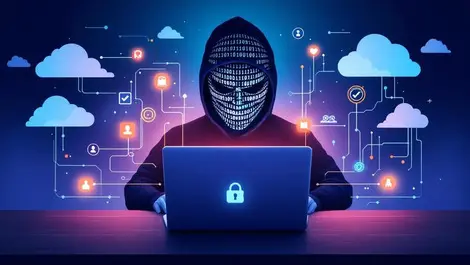 Laptop digital clouds data streams binary code cybersecurity threats illustration