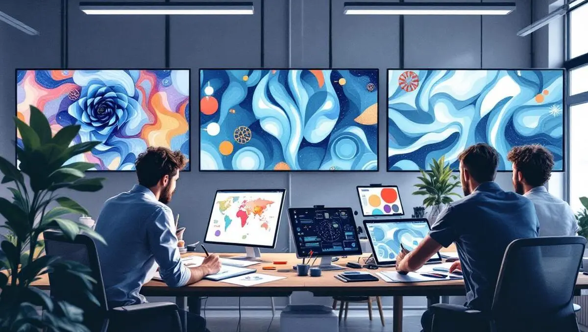 Creative workspace artists sketching designers using digital tablets abstract ai patterns