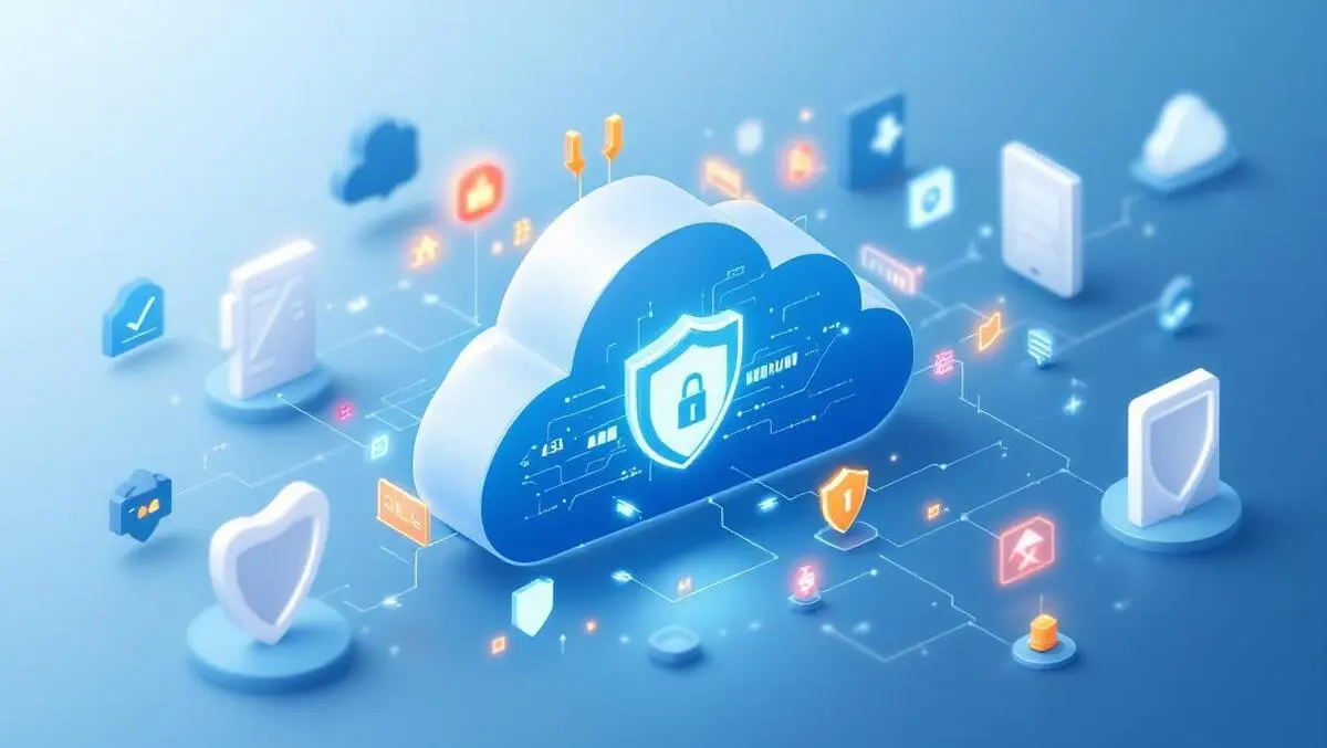 Secure digital cloud with network icons security shields azure blue