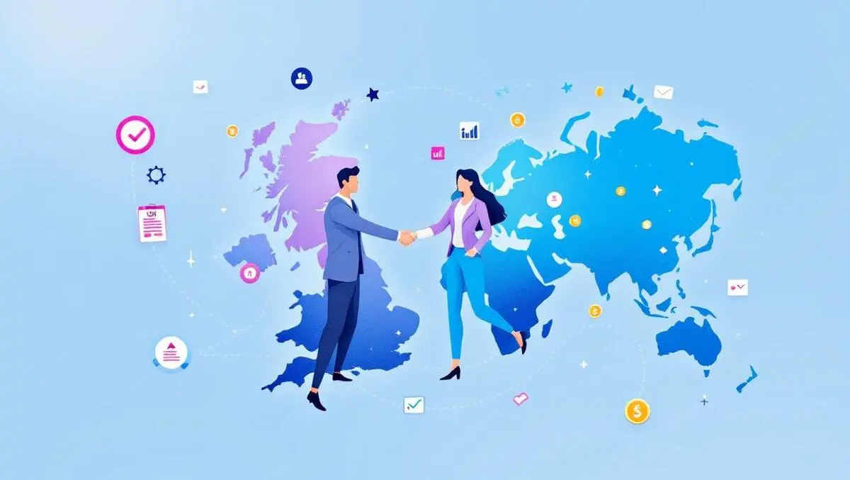 Business shaking hands uk australia map financial icons global fintech expansion