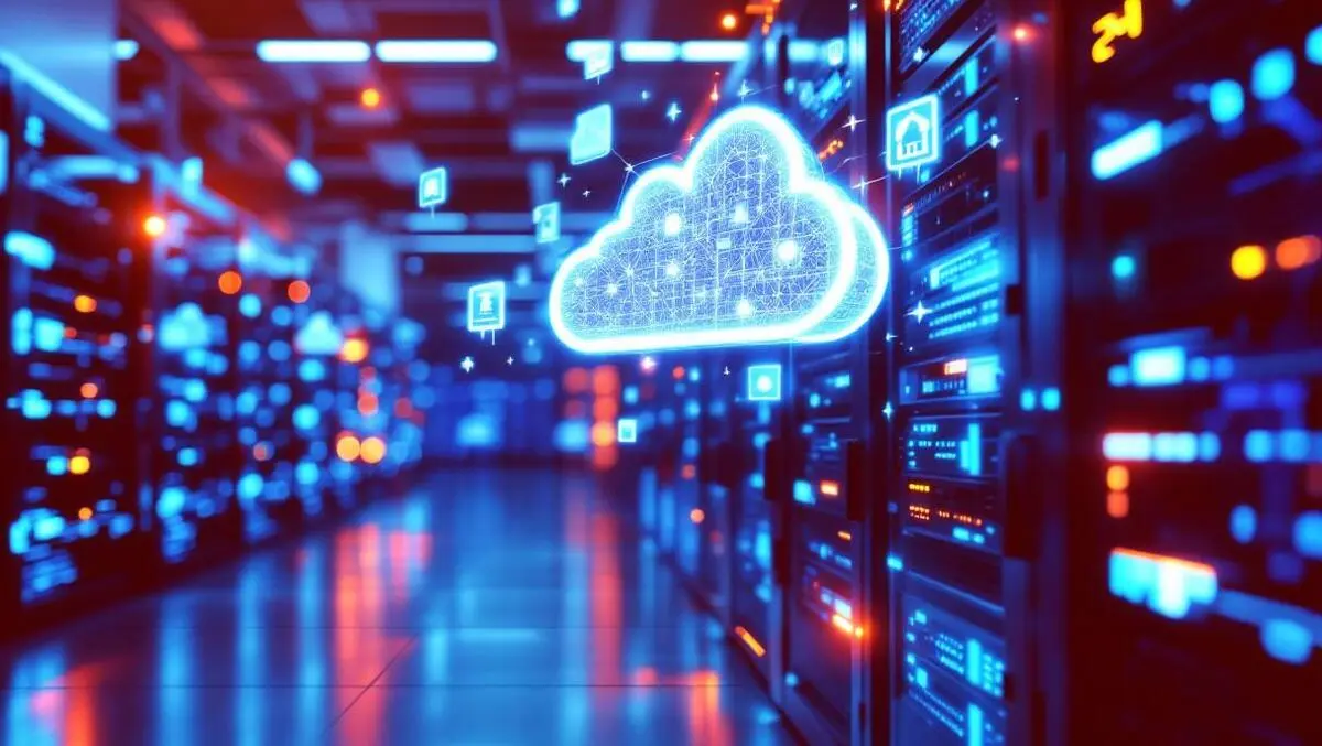 Modern data center server racks cool blue lighting cloud icons technology