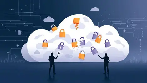 Cloud security multiple padlocks open broken people keys digital network