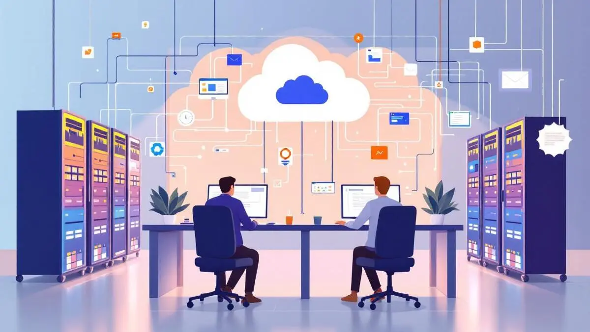 Modern office programmers computers cloud icons connected server racks vector