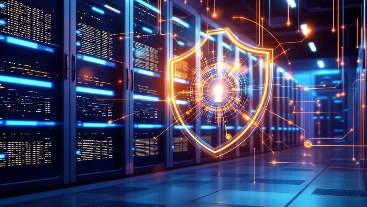 Modern data center interior sleek server racks blue glow security shield ai protection