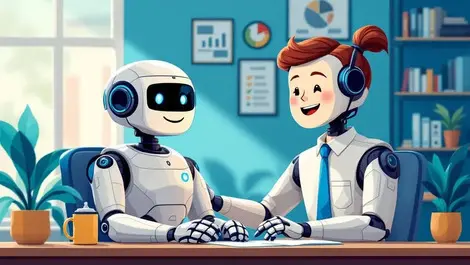 Cheerful virtual assistant robot helping small business owner office banking