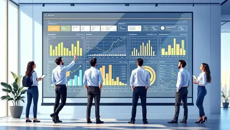 Business professionals analyzing data digital dashboard cost savings modern office