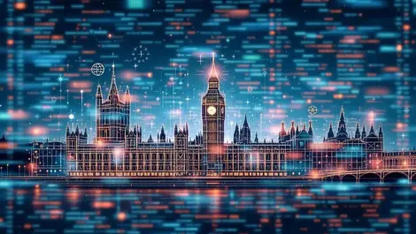 Uk parliament digital lines symbols overlay spreadsheet blurred data ai