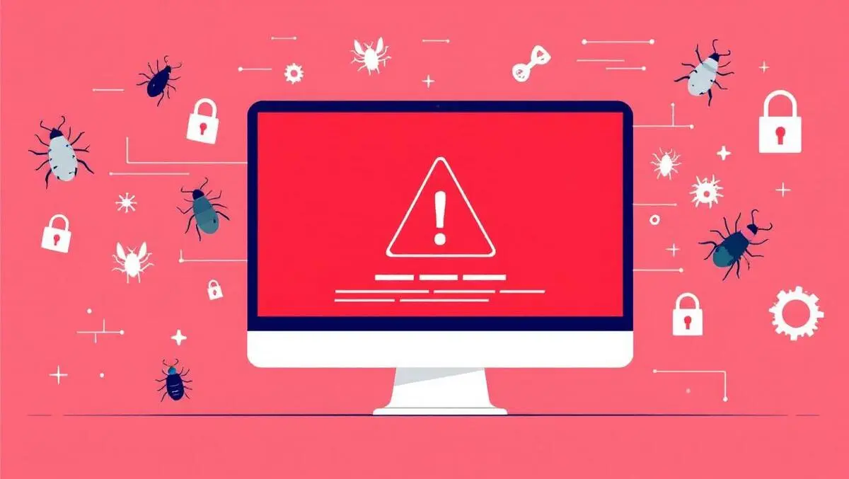 Computer screen warning symbol digital bugs locks software vulnerabilities security patches