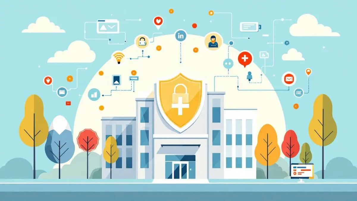 Hospital building with shield icons digital security and connected medical devices healthcare cybersecurity vector art