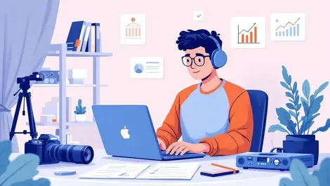 Young digital creator laptop home workspace cameras financial documents bank growth icons