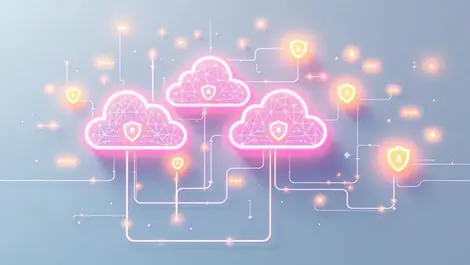 Secure interconnected data clouds glowing lines shield symbols protected exchange