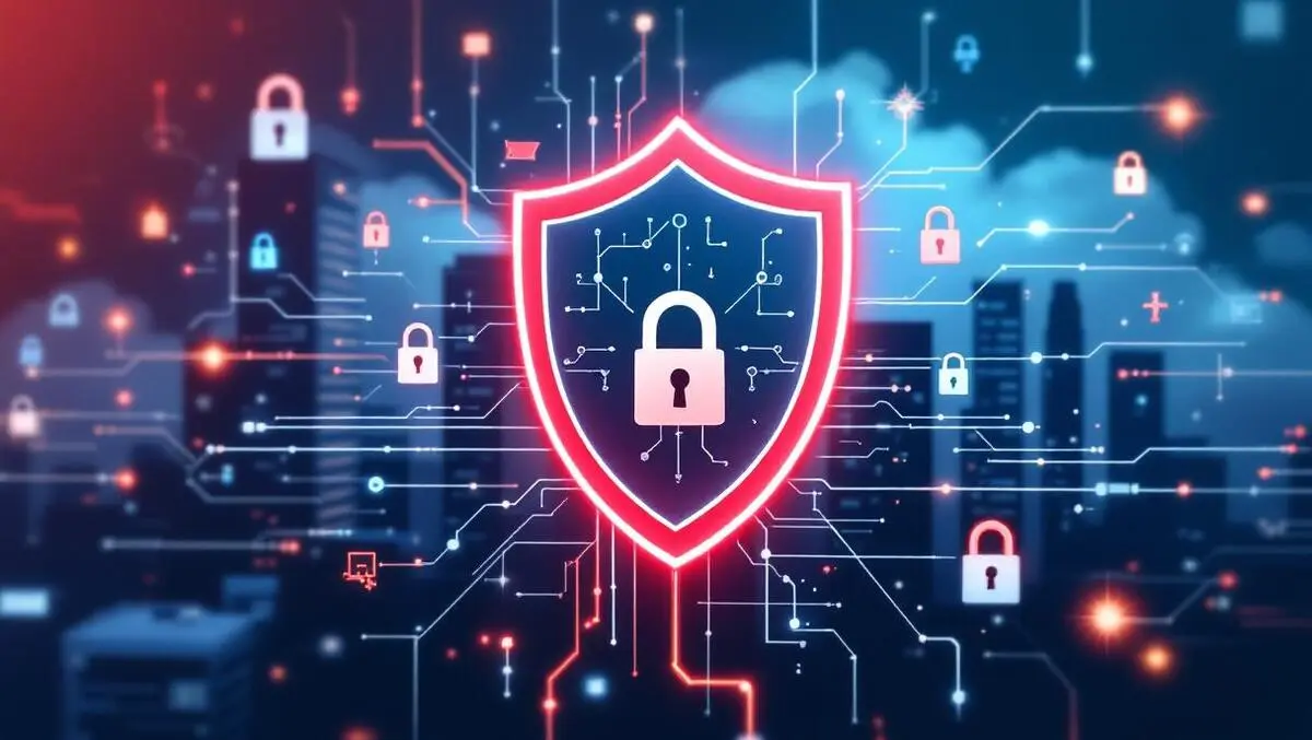 Digital shield with locks network lines business buildings cybersecurity