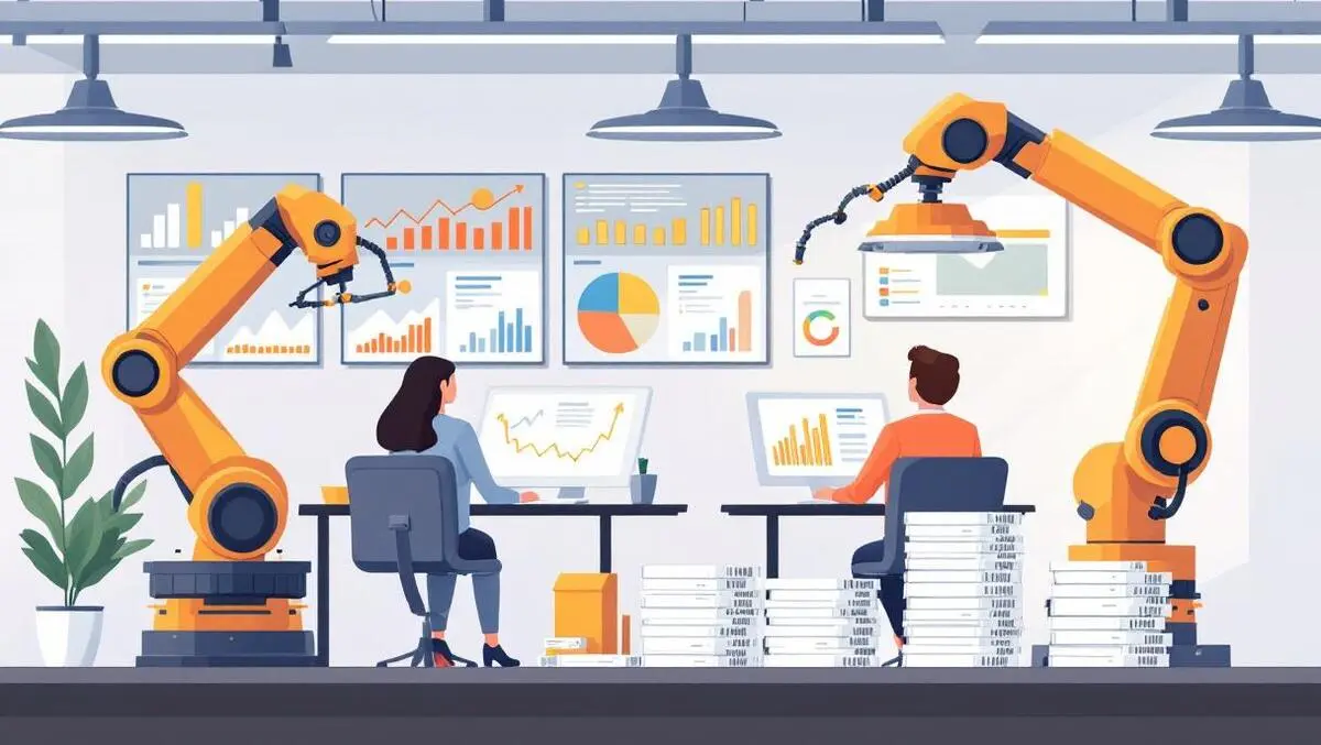 Modern australian office professionals reviewing digital dashboards robotic arm invoices ai automation finance