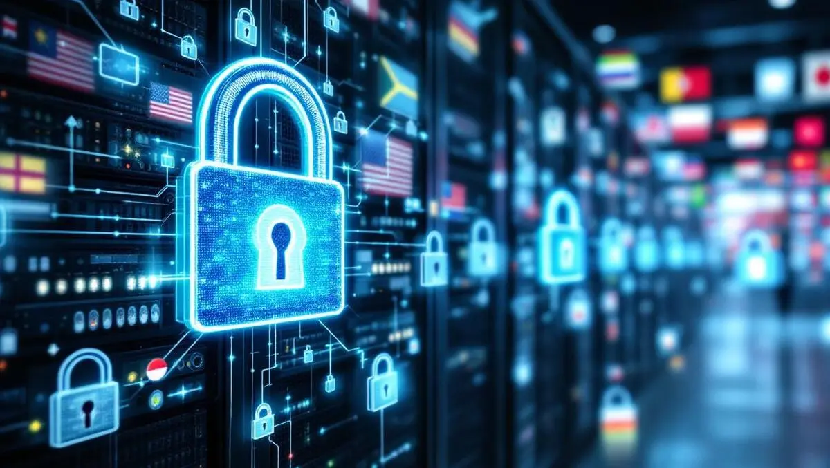 Secured data center server racks digital padlocks national flags background