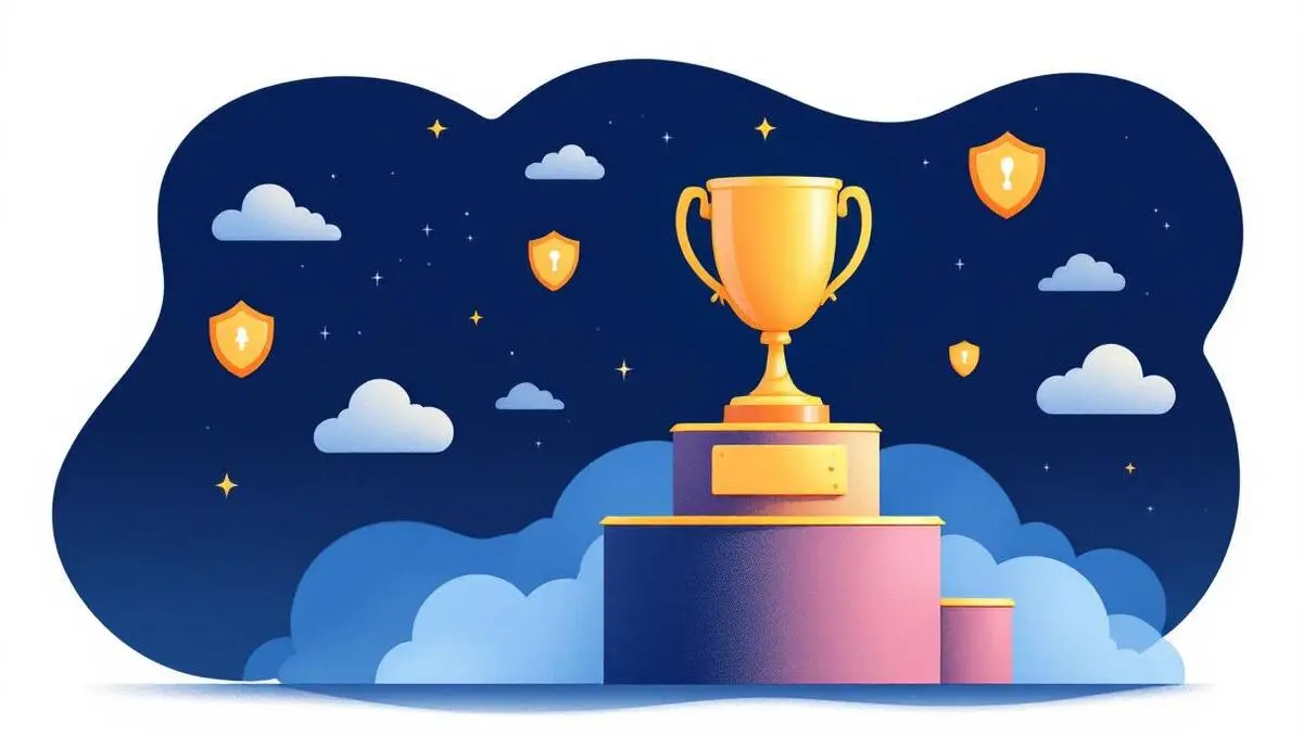 Trophy on pedestal with clouds and shields symbolizing cloud application security