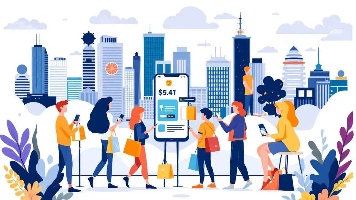 Young australians shopping online smartphones digital payments cityscape