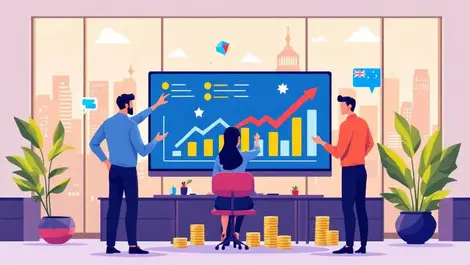 Australian business professionals growth charts coins software modern office cityscape