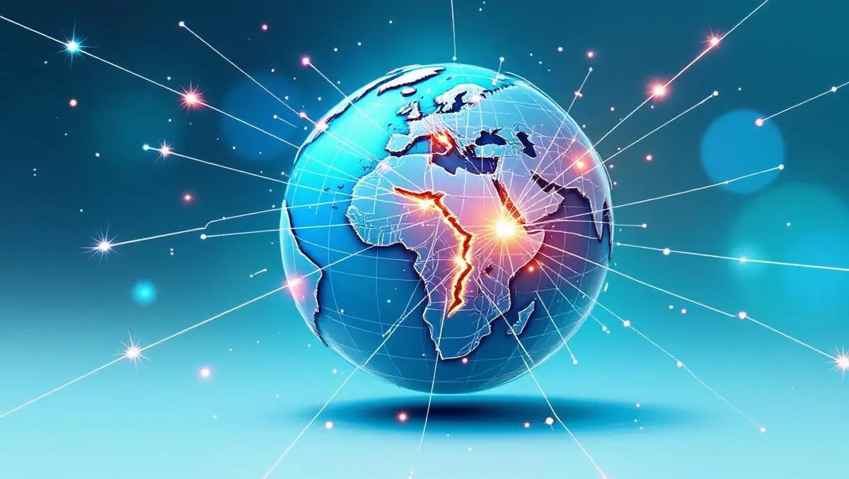 Illustration globe connected by digital lines with broken sparking lines symbolizing disrupted global network interrupted digital payments