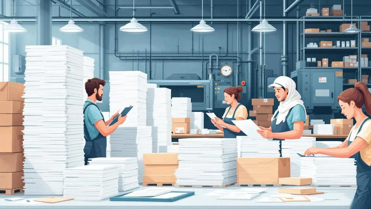 Industrial warehouse workers sorting paper forms clipboards mechanical equipment