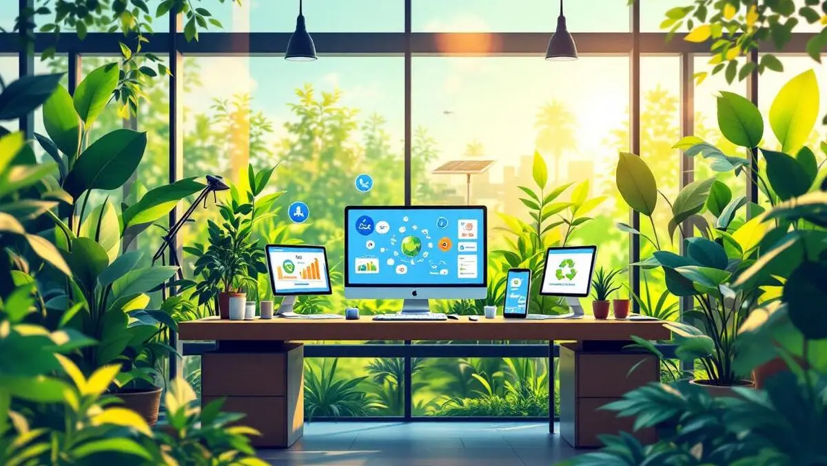 Modern office computers eco friendly icons surrounded by greenery solar panels
