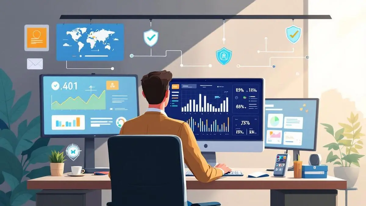Modern office professional monitoring multiple computer screens cybersecurity metrics
