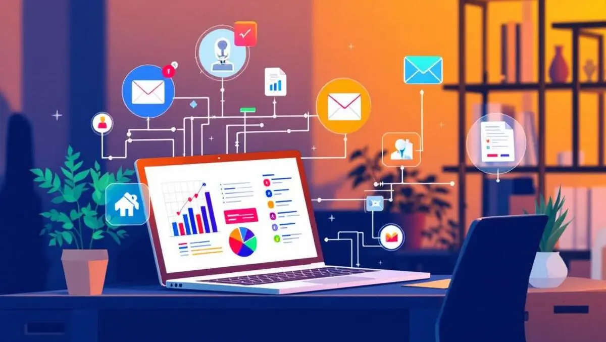 Office workspace ai integration laptop charts collaboration email automation