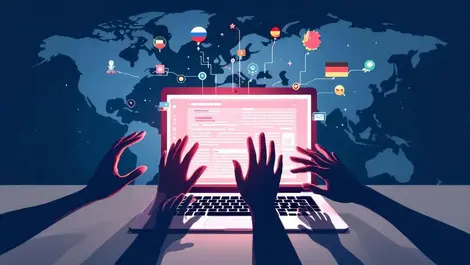 Computer with shadow hands reaching for software over maps of china russia india germany