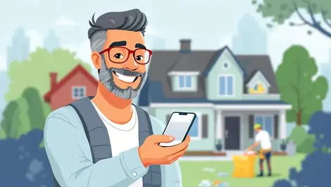 Satisfied homeowner receiving digital payment smartphone insurance agent contractor repairing house