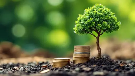 Stack of coins growing into green tree australian landscape finance growth