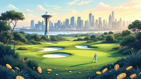 Modern golf tournament in australia with cryptocurrency coins near city skyline