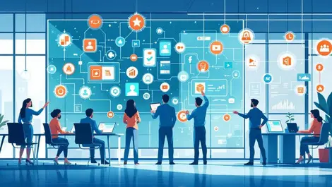 Team office collaboration digital screens interconnected apps ai icons workflow integration