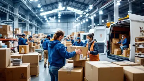Busy warehouse workers loading pet product boxes delivery vans uk modern facility
