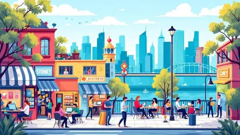 Illustration australian small businesses bustling activity sydney skyline