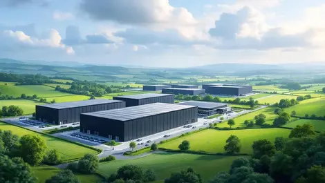 Realistic modern data center complex uk countryside green fields cooling towers