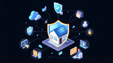 Small business office protected by digital shield with cybersecurity icons