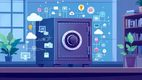 Uk office safe surrounded by digital cloud computer icons secure offline data storage