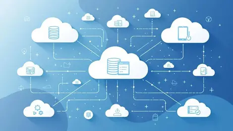 Illustration interconnected cloud icons databases network pathways cloud data management