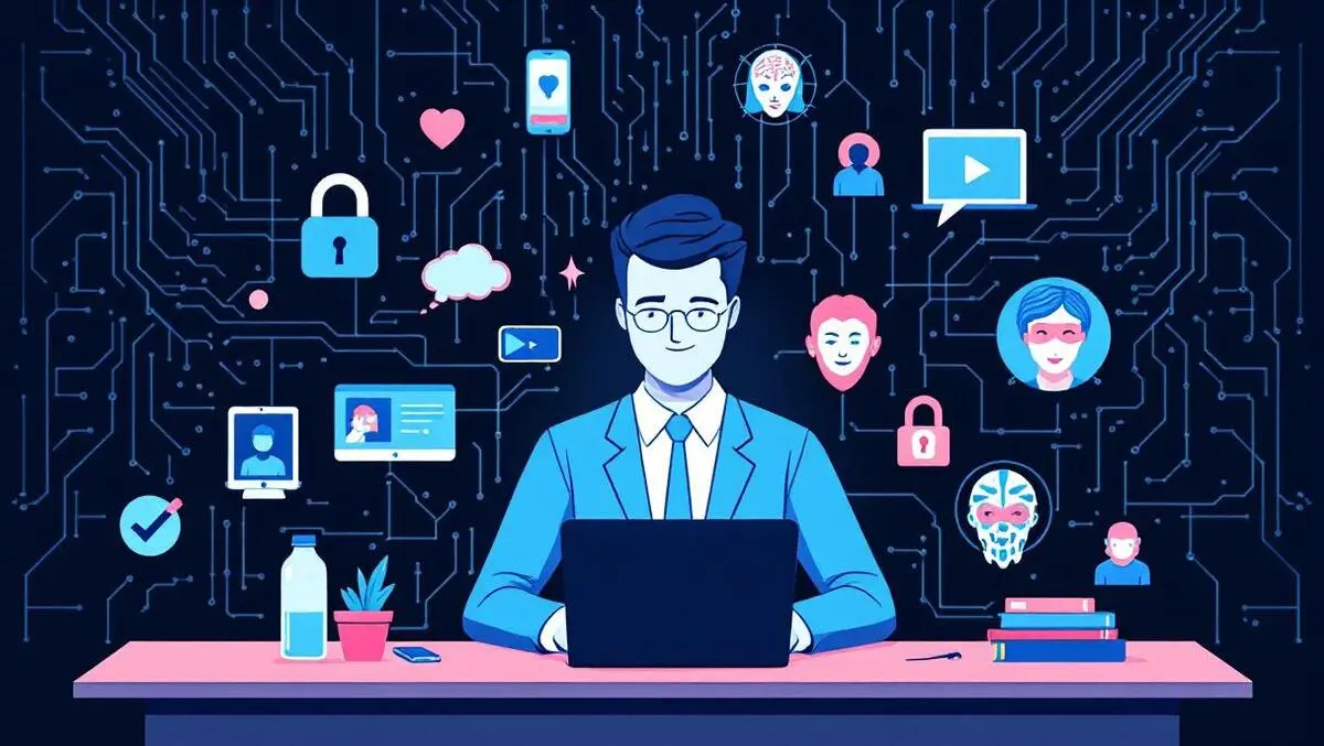 Businessperson digital security ai deepfakes masked faces computer circuitry