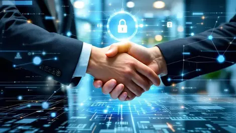 Business leaders shaking hands digital ai network security trust modern office