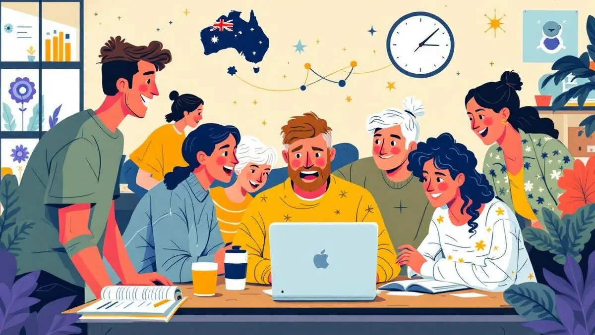 Australian community learning together around computer technology symbols