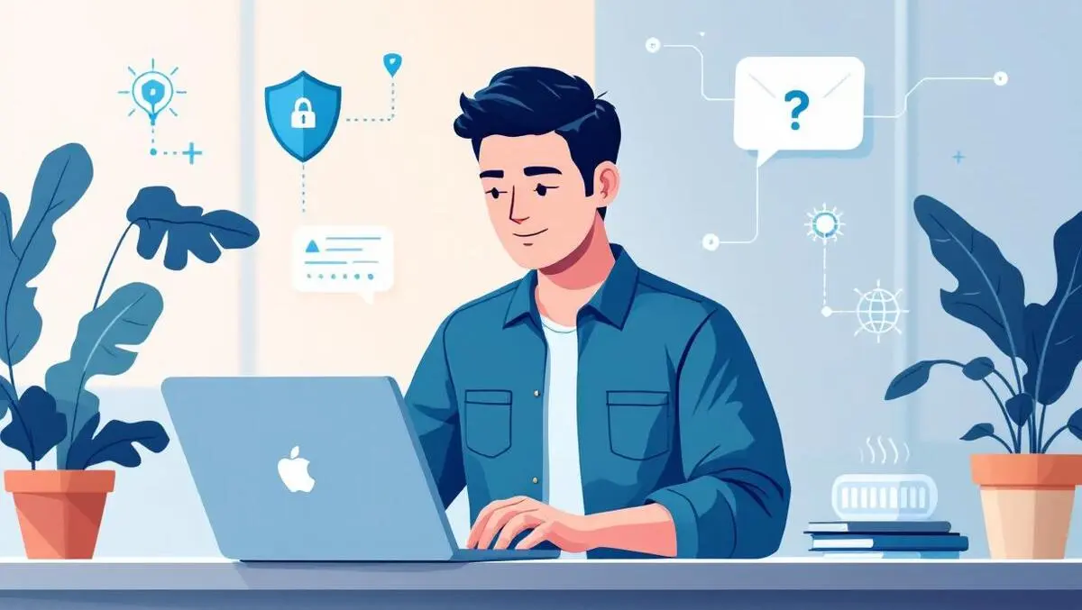 Australian small business owner working on laptop with digital protection icons