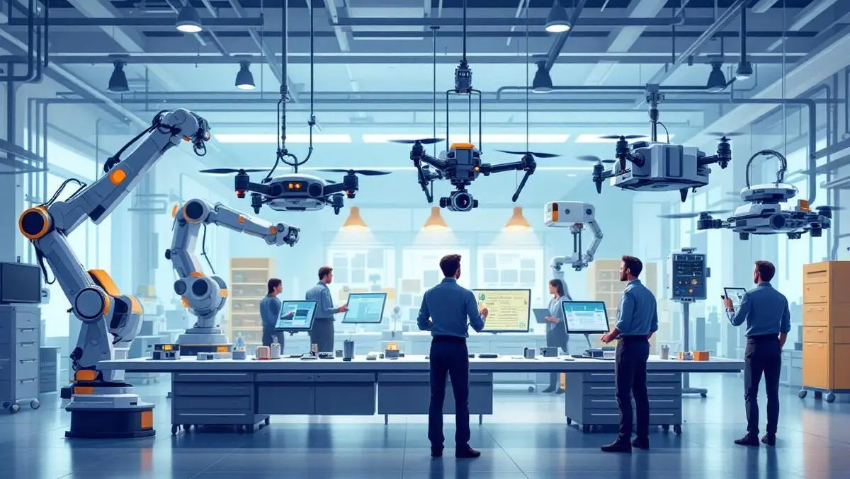 Modern robotics laboratory advanced robotic arms drones industrial sensors professionals