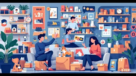 Online shopping scene busy people laptops mobile devices shopping bags