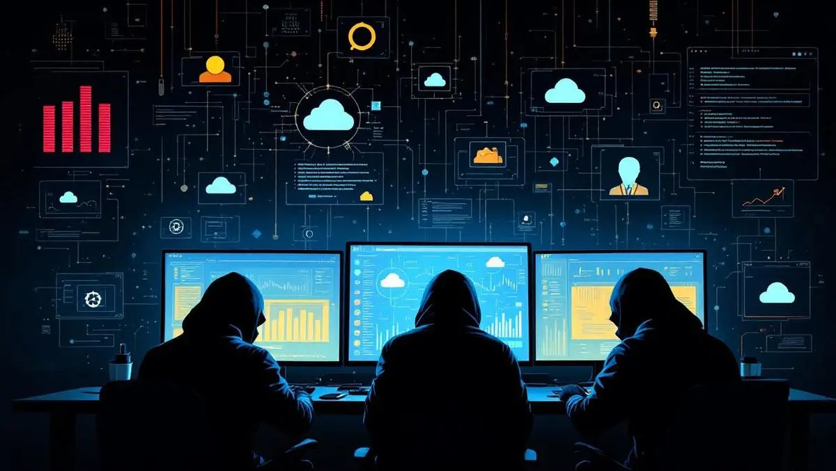 Shadowy hackers dark room multiple screens cloud icons cyber espionage us cloud networks