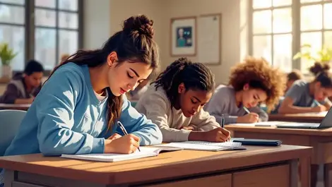 High school classroom teens writing history notes ignoring ai chatbot