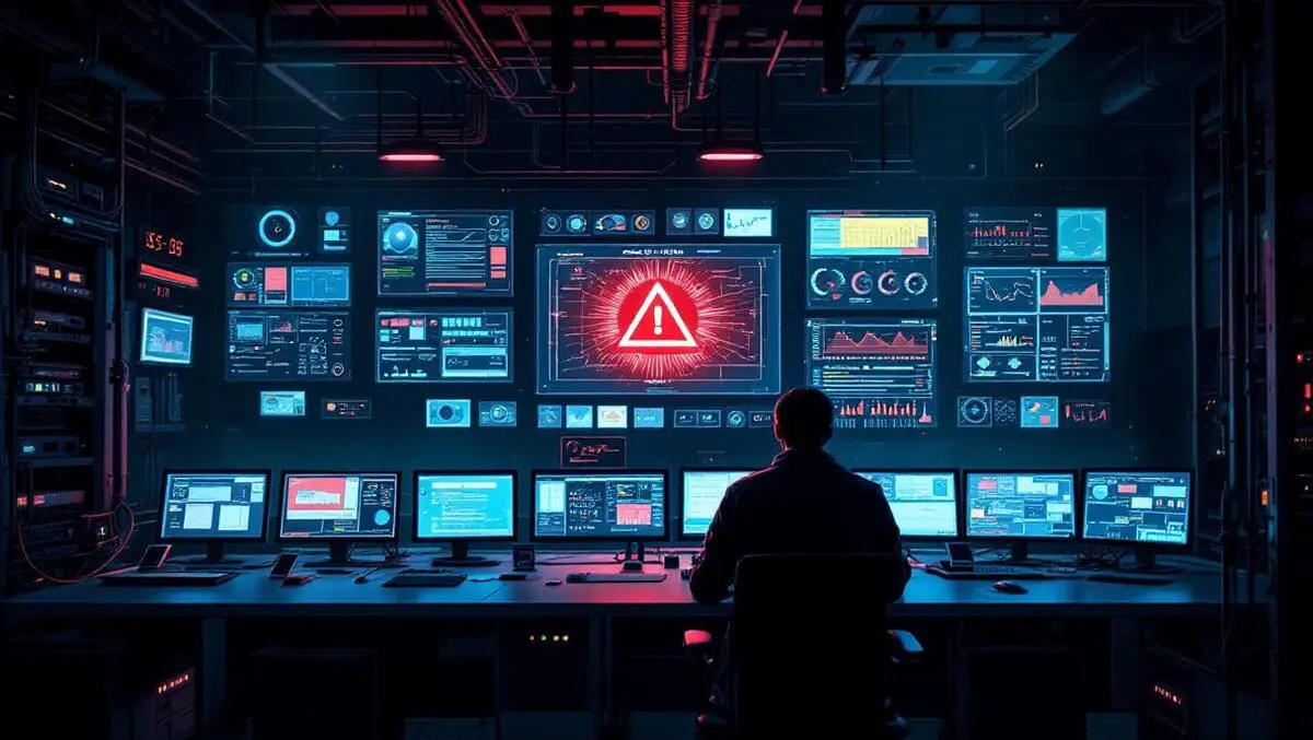 Ai cyber attack scada control room red alert shadowy hacker