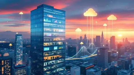 Sf sunset glass office tower glowing floor clouds data streams valuation