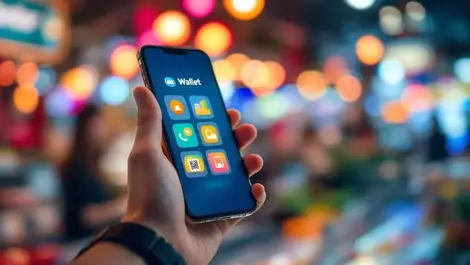 Asian hand holding phone qr scan digital wallet apac city lights