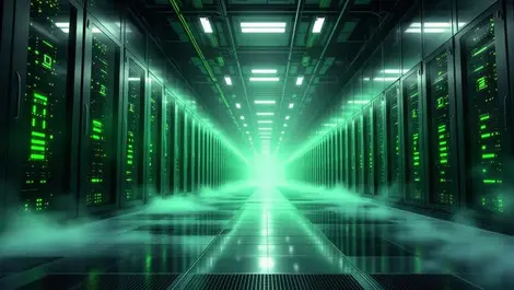 Hpe exascale liquid cooled green data center hall mist view