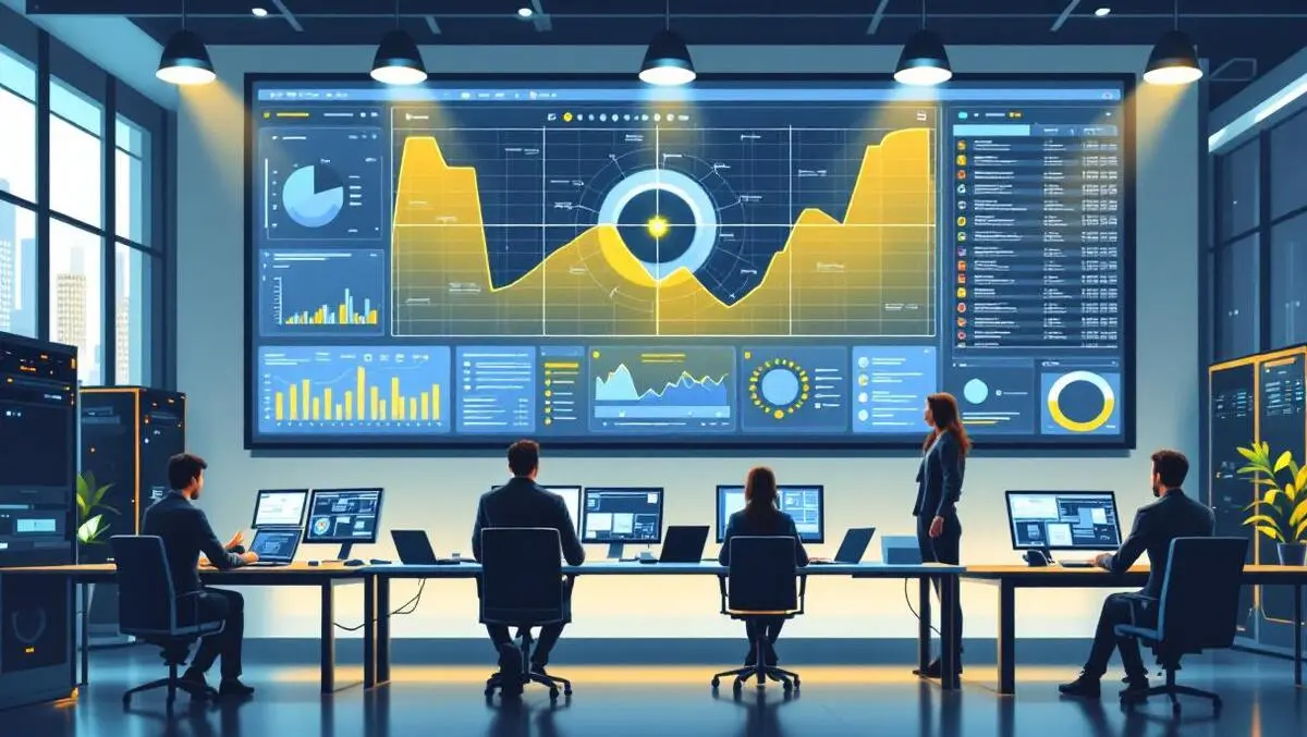 Modern us corporate it ops room wall monitors glowing grid team